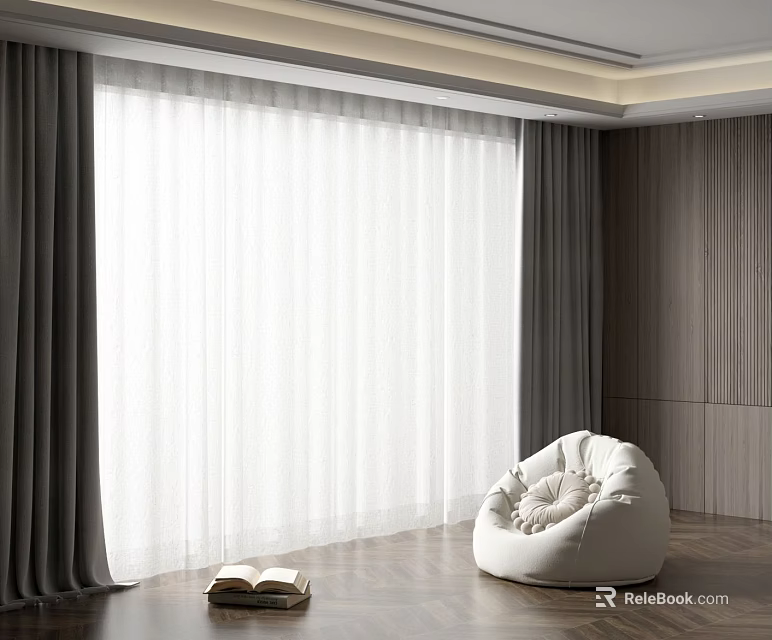 Dark Curtains And White Sheer Curtains In Modern Room With Wooden Floor Bean Bag Chair 3d model 