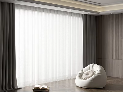Dark Curtains And White Sheer Curtains In Modern Room With Wooden Floor Bean Bag Chair 3d model