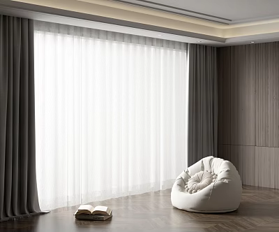 Dark Curtains And White Sheer Curtains In Modern Room With Wooden Floor Bean Bag Chair 3d model