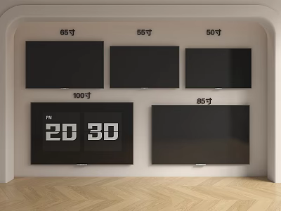 Different Size TVs Including 65 55 50 100 and 85 Inch Screens on 3d model