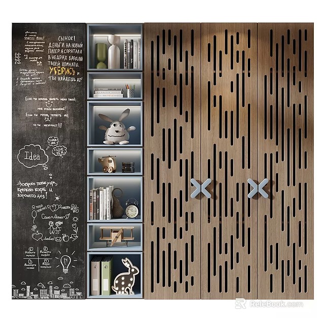 Modern Wardrobe Design With Wooden Panels Open Shelves And Decorative Items 3d model 