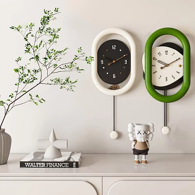 Two Wall Clocks With White Green Frames Black White Dials And Pendulums Near Green Plant 3d model