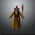 Fantasy Wizard Character With Yellow Robe Red Pointed Hat Long Beard And Wooden Staff