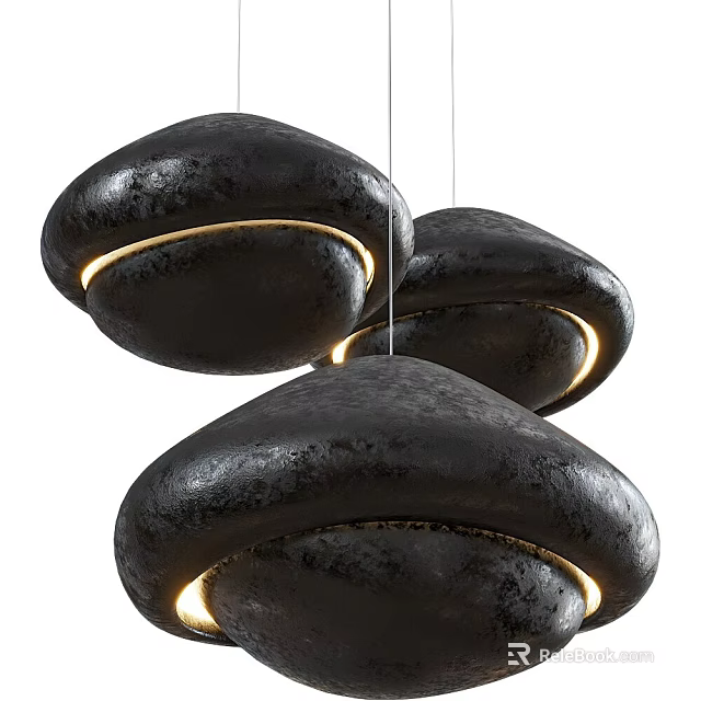 Three Black Unique Shaped Chandeliers With Warm Yellow Edge Light 3d model 
