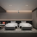 Modern Luxury Hotel Room Bathroom with Round Mirror Illuminated Light Strips Gray Walls Orange Stool