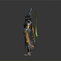 Mythical Character And Armored Creature With Intricate Spiked Armor Ornate Headpiece Blue Orange Accents