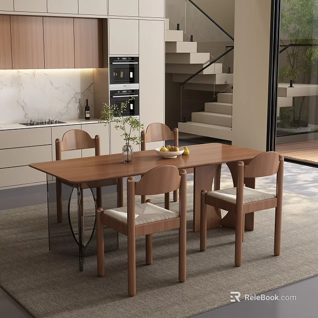 Modern Dining Room With Wooden Table Chairs Vase Fruit Staircase And Glass Doors 3d model 