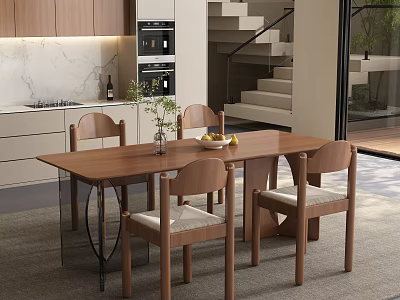 Modern Dining Room With Wooden Table Chairs Vase Fruit Staircase And Glass Doors 3d model