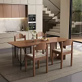 Modern Dining Room With Wooden Table Chairs Vase Fruit Staircase And Glass Doors