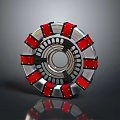 Circular Metallic Device With Red Silver Panels Symmetrical Structure And Hollow Center Design 3d model