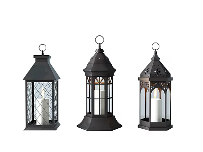 Three Decorative Candle Lanterns With Metal Frames And Glass Panels For Home Decor 3d model