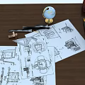 Architectural Blueprints On Wooden Desk With Globe Pencils And Drawing Tools