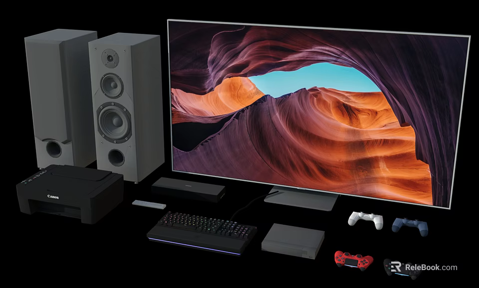 Smart TV Home Entertainment Setup With Speakers Game Console Gaming Controllers And Keyboard 3d model 