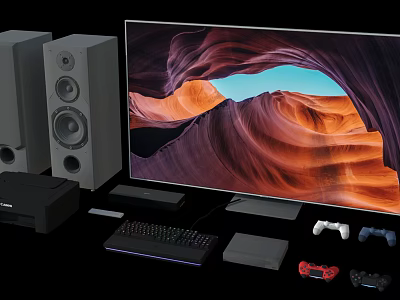 Smart TV Home Entertainment Setup With Speakers Game Console Gaming Controllers And Keyboard 3d model