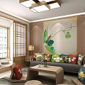 Modern Living Room Interior With Wooden Decor Large Windows Colorful Cushions And Green Painting