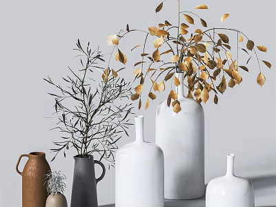 Stylish Vase Arrangement with Golden Leaf Plants and Multi Colored Ceramic Vessels 3d model