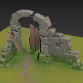 Ancient Stone Archway of Historic School Building with Broken Walls Wooden Door and Green Grass