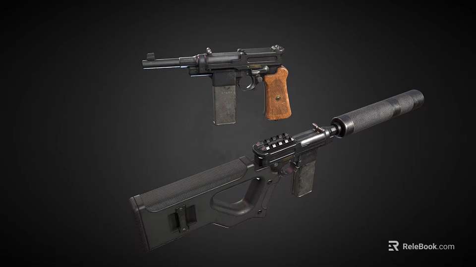 Vintage Pistol With Wooden Grip And Modern Submachine Gun Weapon 3d model 