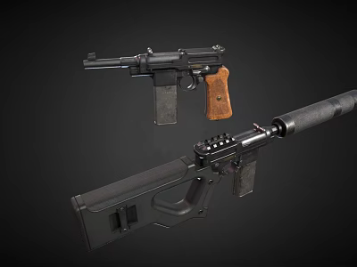 Vintage Pistol With Wooden Grip And Modern Submachine Gun Weapon 3d model