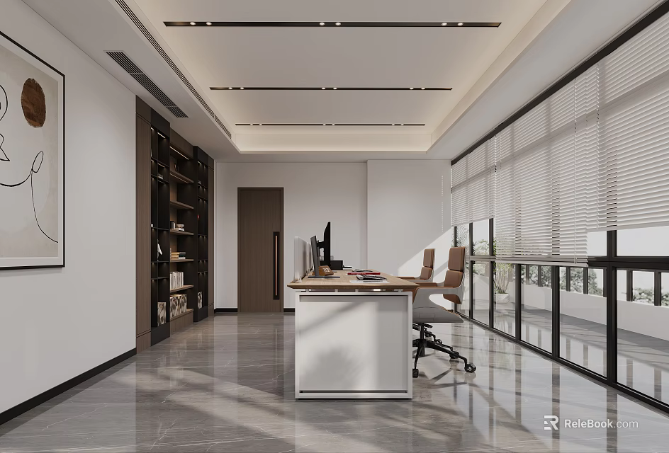 Modern Office Interior Design With Open Layout Large Windows Blinds Desk Bookshelf And Sleek Floor 3d model 