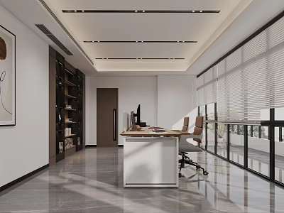Modern Office Interior Design With Open Layout Large Windows Blinds Desk Bookshelf And Sleek Floor 3d model