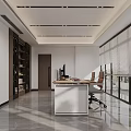 Modern Office Interior Design With Open Layout Large Windows Blinds Desk Bookshelf And Sleek Floor