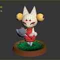 Game Movie Character White Cat With Red Eyes Red Outfit Holding Axe On Green Grass