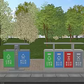 Public Facility Sorted Trash Bins With Colorful Classification Signs In Park Green Area