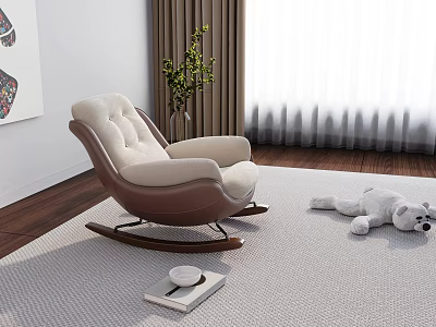 Cozy Brown Beige Rocking Recliner With Teddy Bear Book Cup On Rug Near Window 3d model