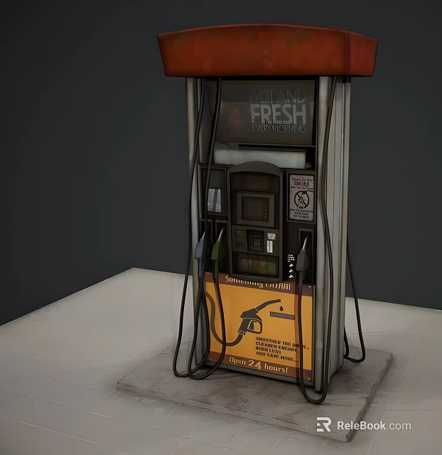 Vintage Industrial Equipment Fuel Dispenser With Fuel Nozzles And Yellow Advertisement 3d model 