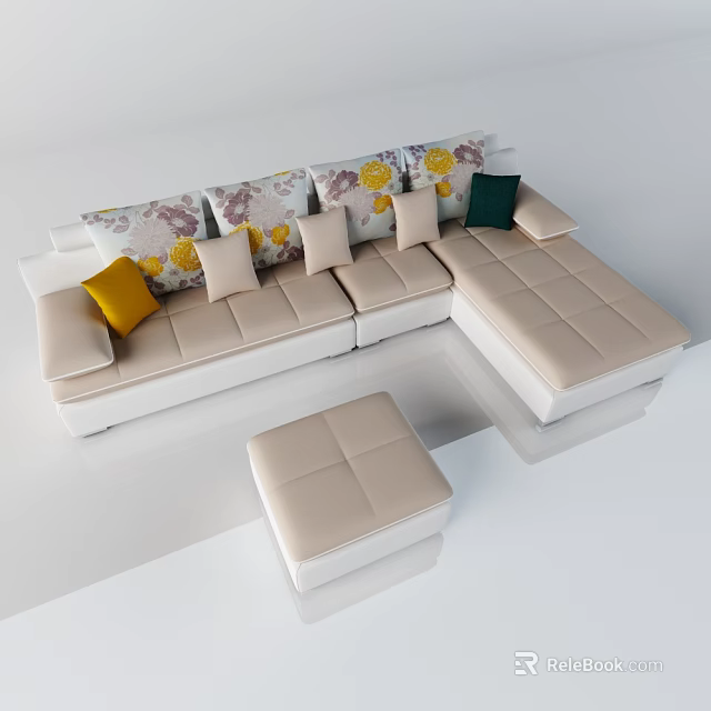 Beige and White Sectional Sofa with Colorful Patterned Solid Pillows and Matching Ottoman 3d model