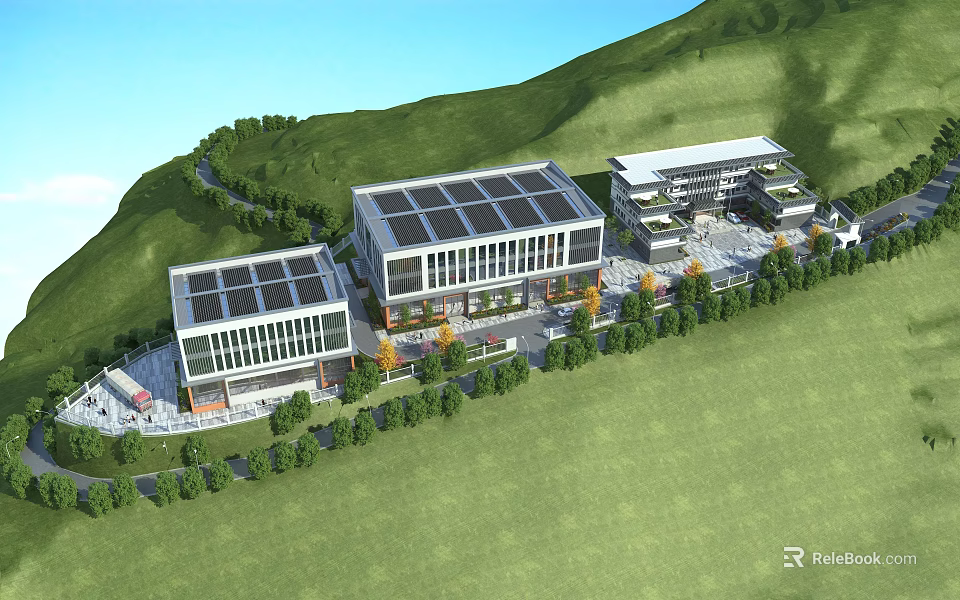 Modern Industrial Factory With Solar Panel Roof And Green Mountain Surroundings 3d model 
