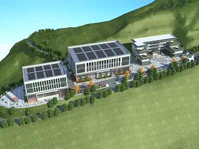Modern Industrial Factory With Solar Panel Roof And Green Mountain Surroundings 3d model
