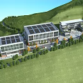 Modern Industrial Factory With Solar Panel Roof And Green Mountain Surroundings