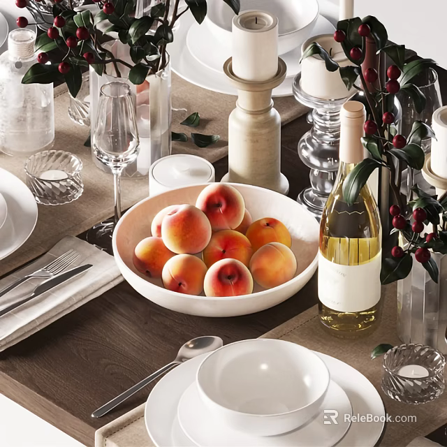 Elegant Tableware Set for Dining Table with Peaches in Bowl Wine Bottle Candles and Flowers 3d model 