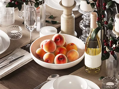 Elegant Tableware Set for Dining Table with Peaches in Bowl Wine Bottle Candles and Flowers 3d model