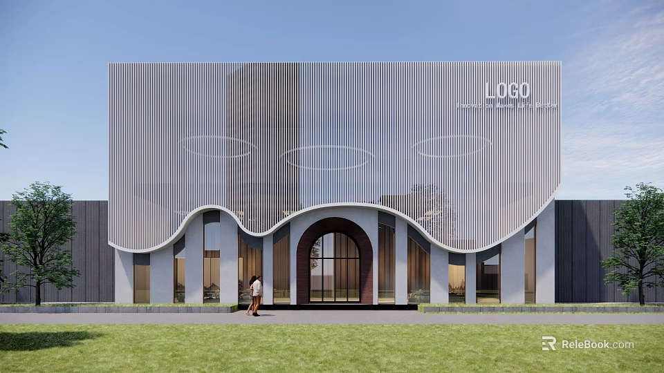 Modern Storefront Facade Featuring Wavy Metal Cladding Arched Entrance LOGO Signage and Lawn Area 3d model 