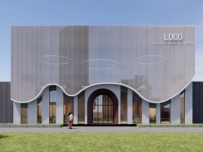 Modern Storefront Facade Featuring Wavy Metal Cladding Arched Entrance LOGO Signage and Lawn Area 3d model