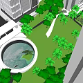 Modern Outdoor Landscape With Water Pool Palm Trees Rock Grass And Relaxation Area