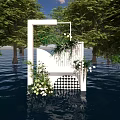 White Decorative Structure With Green Plants And Flowers On Water Surrounded By Trees