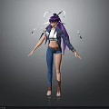 Child With Purple Long Hair Blue Pants White Top And Floating Ribbon Accessories