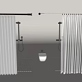 Modern Shower Head in White Shower Area With Louvered Partition and Toilet