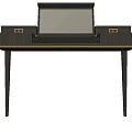 Dark Wooden Desk With Two Side Drawers Gold Handles And Slim Legs