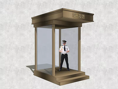 Modern Security Booth With Glass Walls And Security Guard Standing Inside 3d model