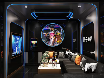 Modern KTV Room Interior With LED Lighting Sofa TV Screen And Decorative Art 3d model