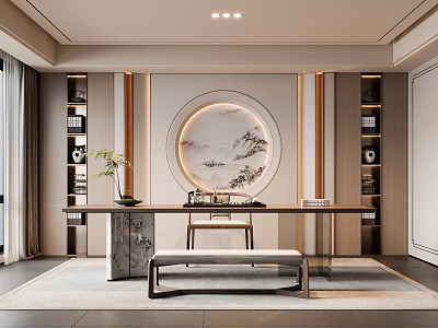 Modern Chinese Tea Room With Round Landscape Painting Long Table And Wooden Bookshelves 3d model