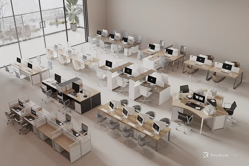 Modern Office Interior With Multiple Office Desks Computers Ergonomic Chairs And Natural Light 3d model 