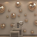 Luxury Minimalist Live Stream Room With Golden Sphere Decorations Marble Wall And Round Rug