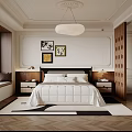 Modern Bedroom Interior With Bedside Tables Pendant Light Artwork And Geometric Rug 3d model