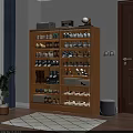 Wooden Multi Tiered Shoe Cabinet With Various Shoes And Decorative Items On Top